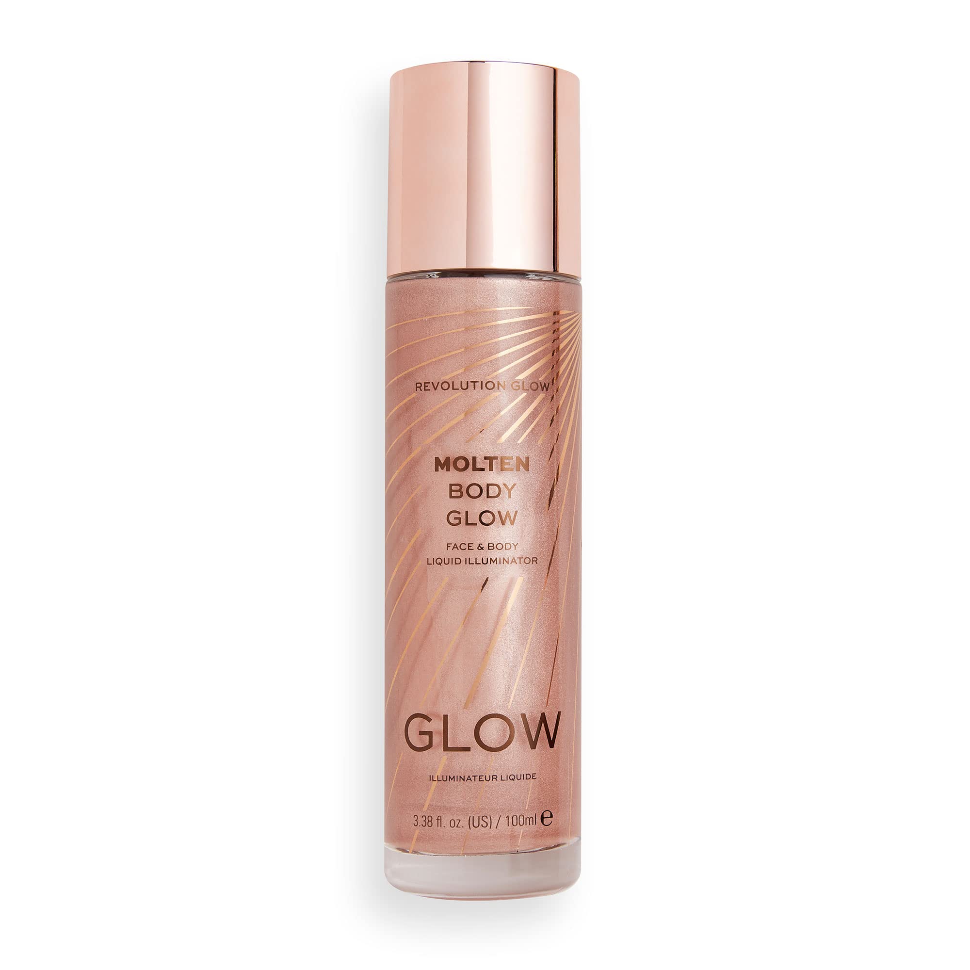 Molten Body Glow Rose Gold swirl on skin highlighting collarbones and shoulders with pink shimmer