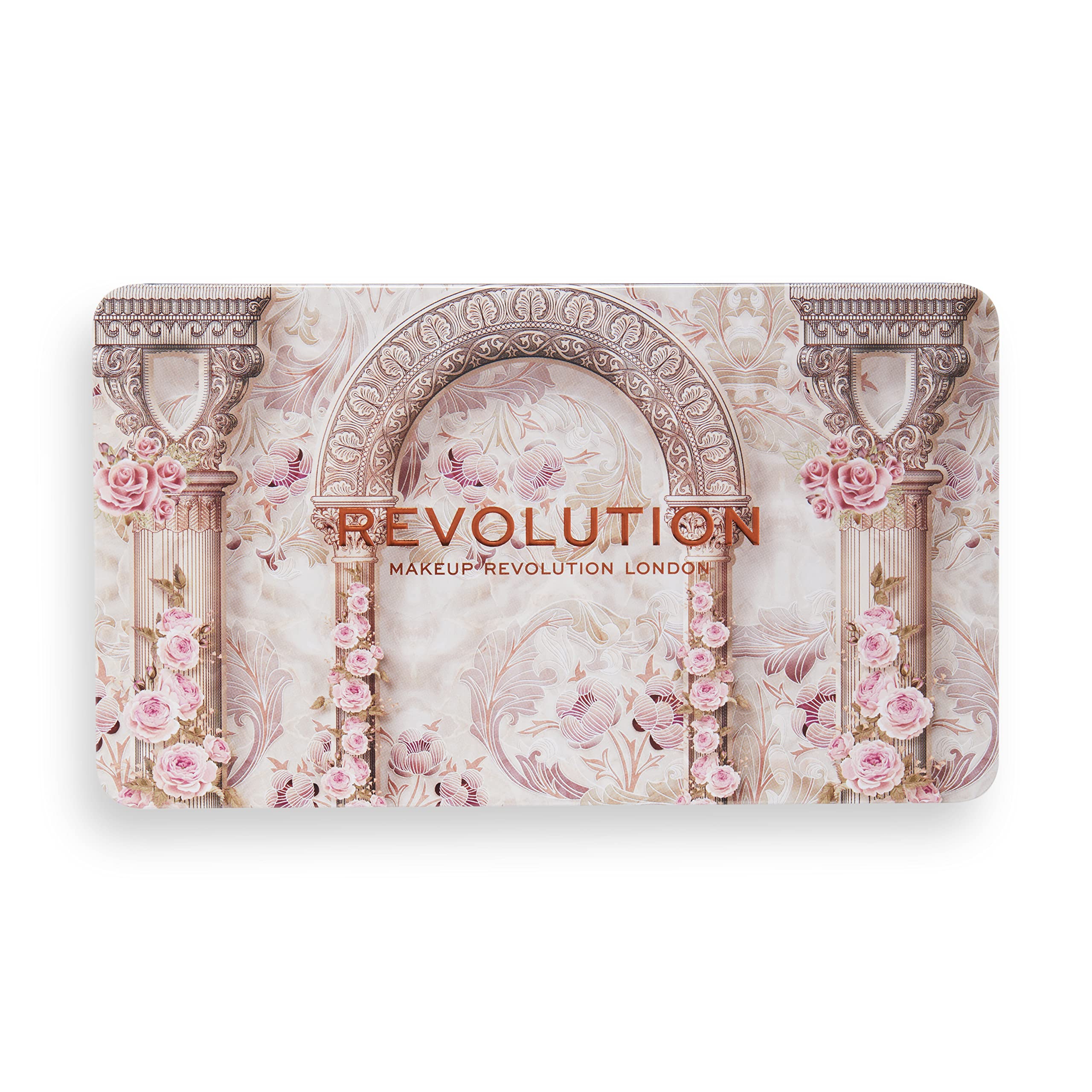 Makeup Revolution Regal Romance packaging with rose print for elegant display.