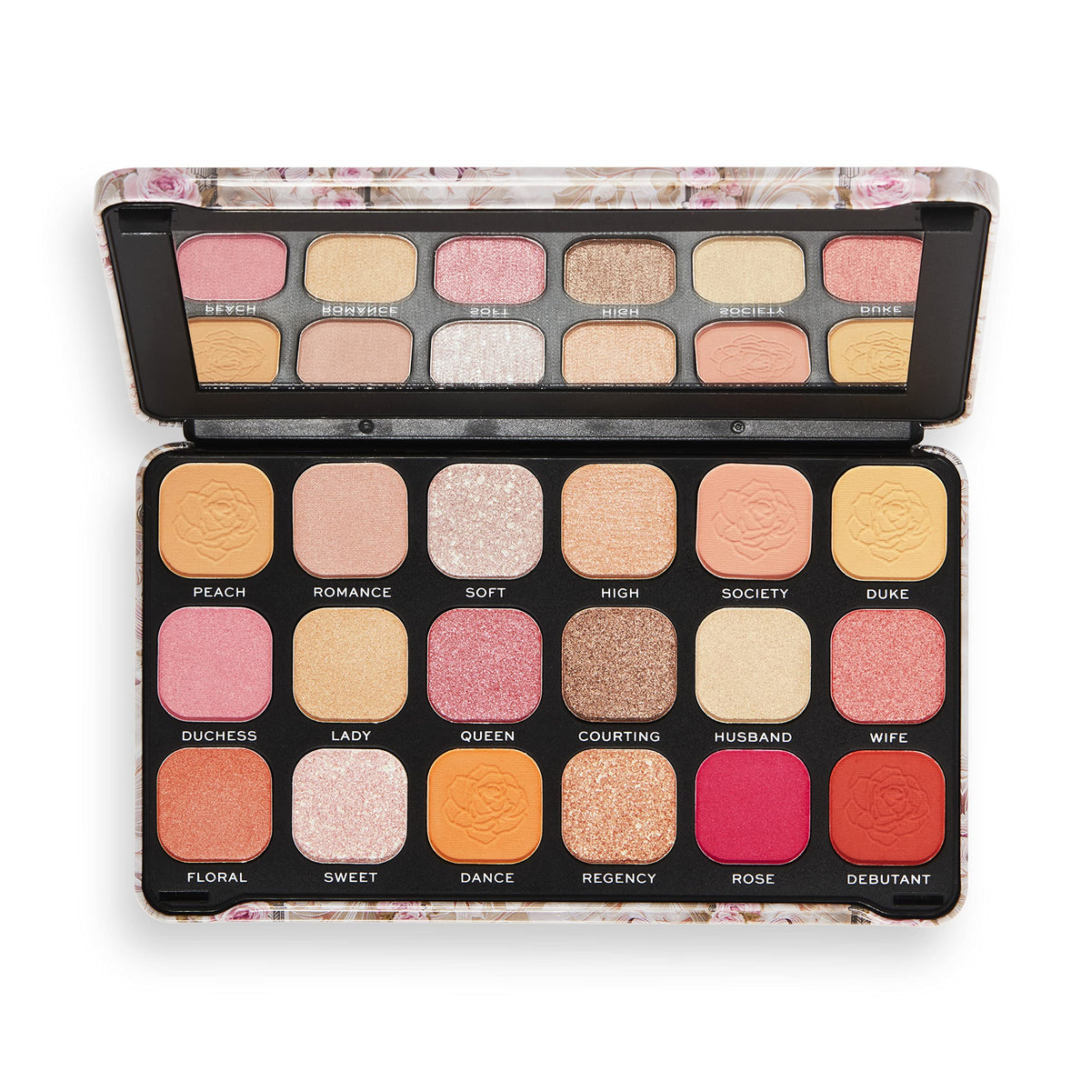Makeup Revolution Regal Romance palette closed showcasing compact packaging for on-the-go glam.