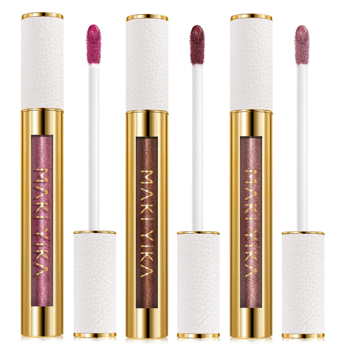 Maki Yika 3pc metallic lipstick packaging, premium and gift-ready.