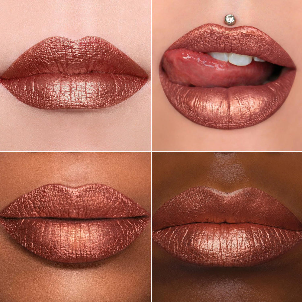 MAKI YIKA red metallic lipstick for vibrant, kiss-proof color.