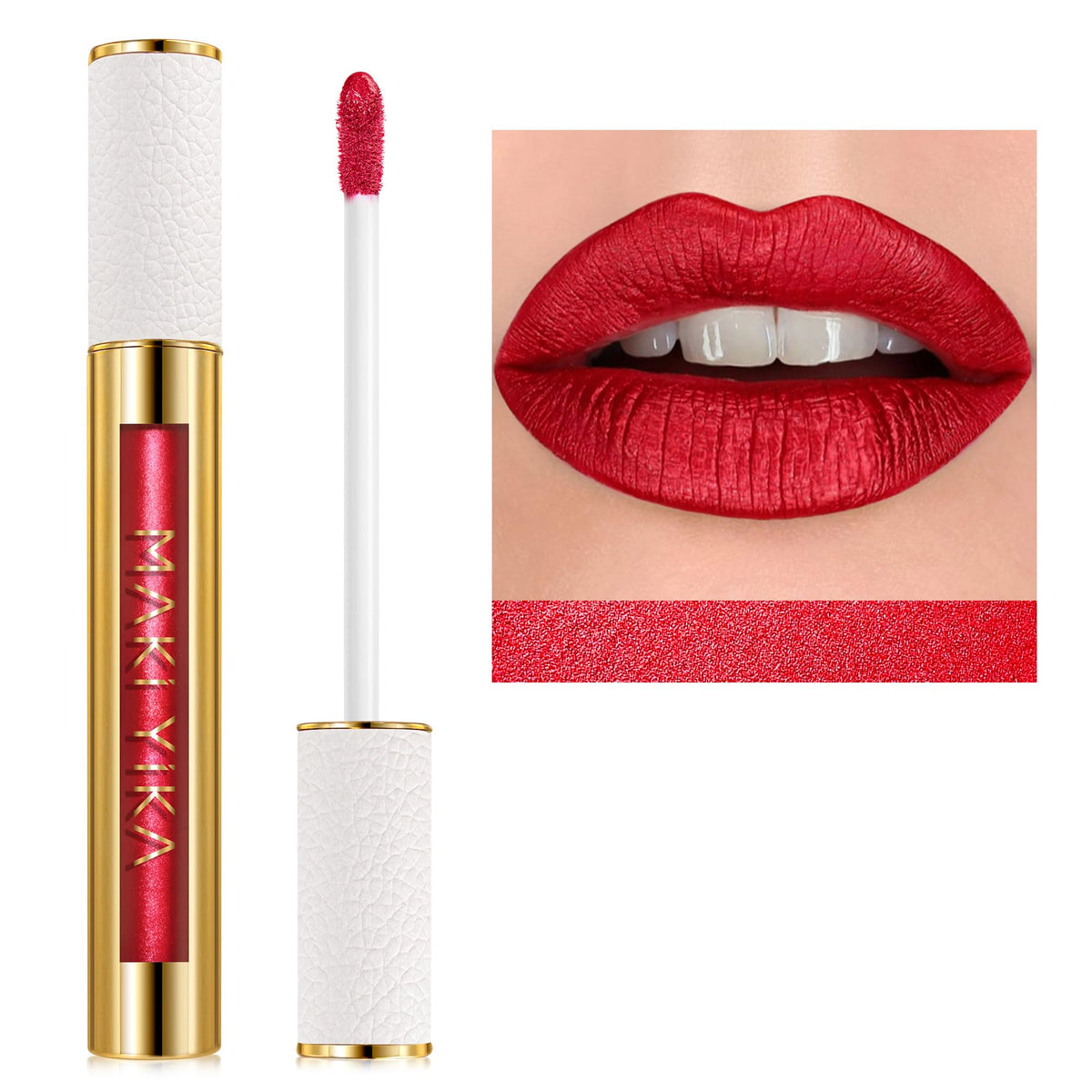 MAKI YIKA Crushed Ruby metallic lipstick tube shows bold color and premium packaging