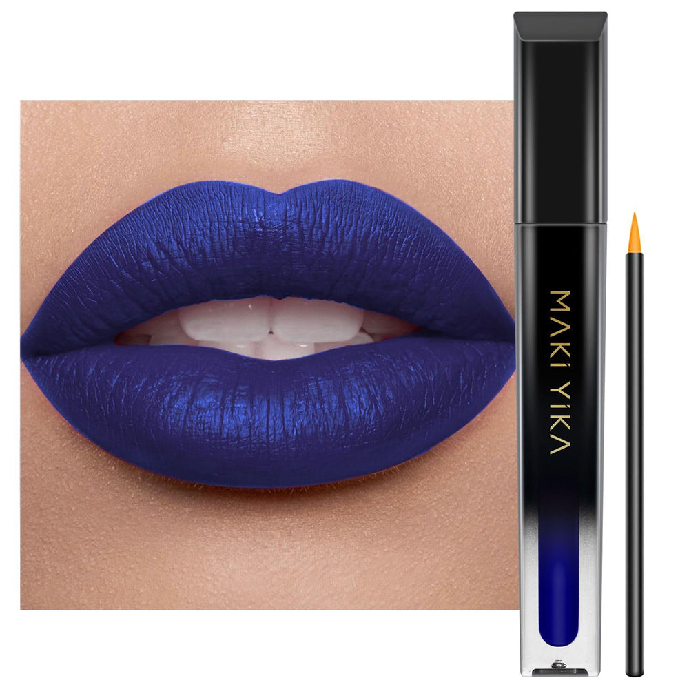 MAKI YIKA Dark Blue Lipstick close-up reveals vibrant transfer-proof color for all-day wear