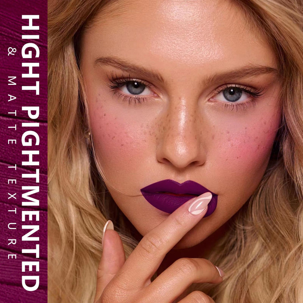 Closeup of MAKI YIKA dark purple lipstick's matte finish