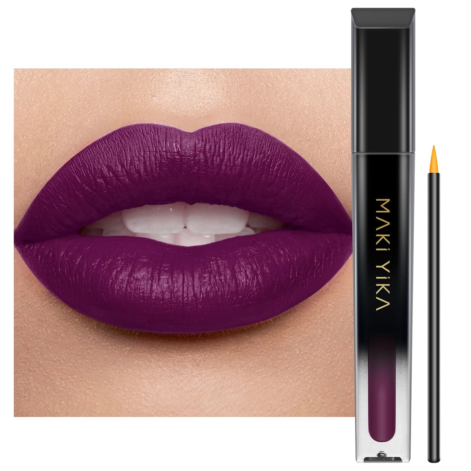 MAKI YIKA packaging for dark purple lipstick, showcasing vegan formula