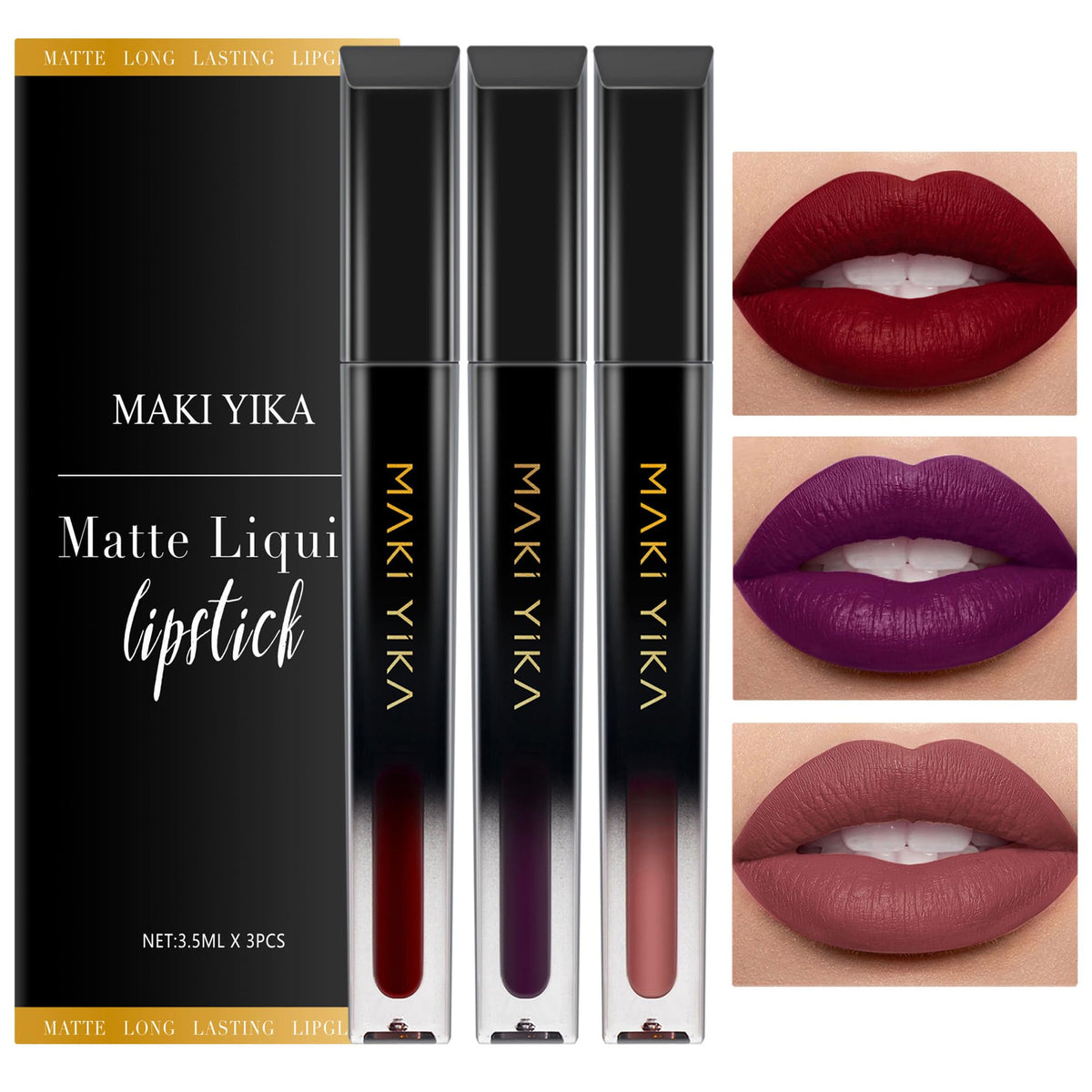 MAKI YIKA dark red matte lipstick application for bold, lasting color.