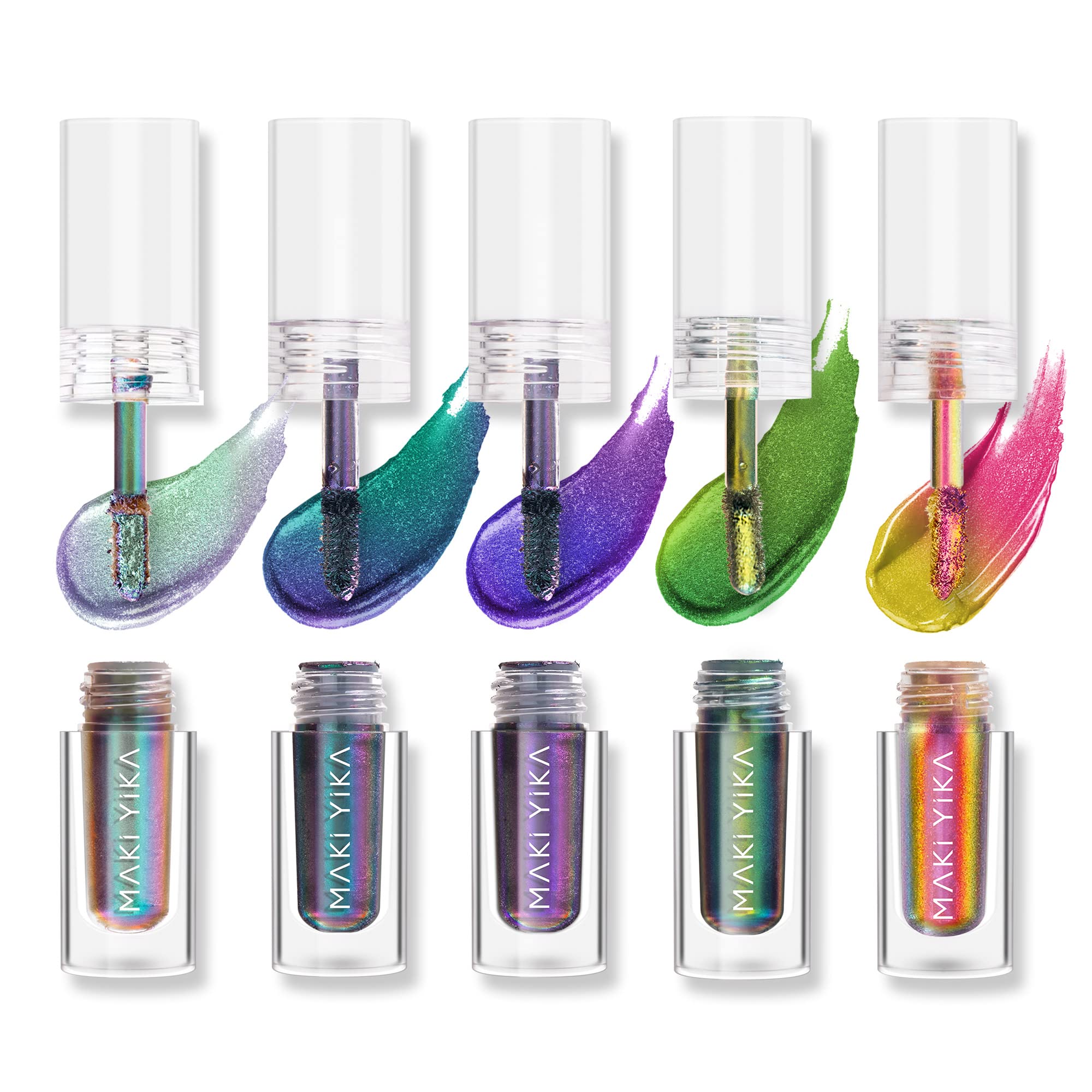 Maki Yika glitter liquid eyeshadow swatch showing color-shifting shimmer for daytime looks.