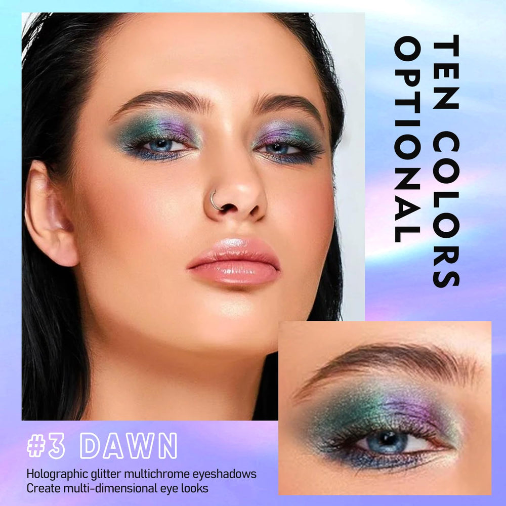 Maki Yika glitter liquid multichrome on eyelid displays holographic shifts in light.