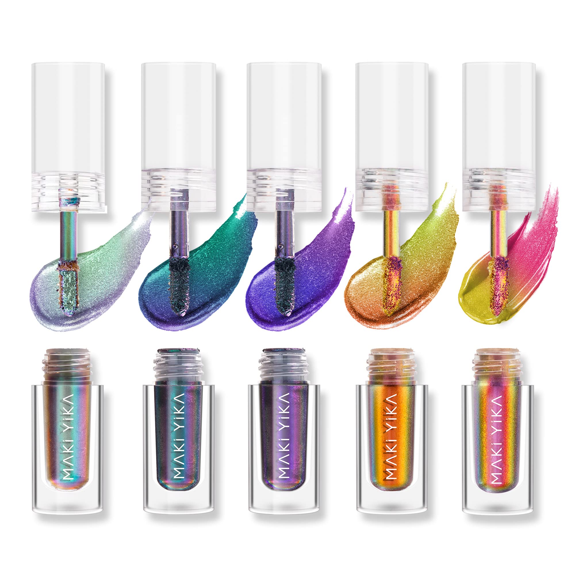 Maki Yika glitter liquid multichrome swatches on skin show shifting colors.