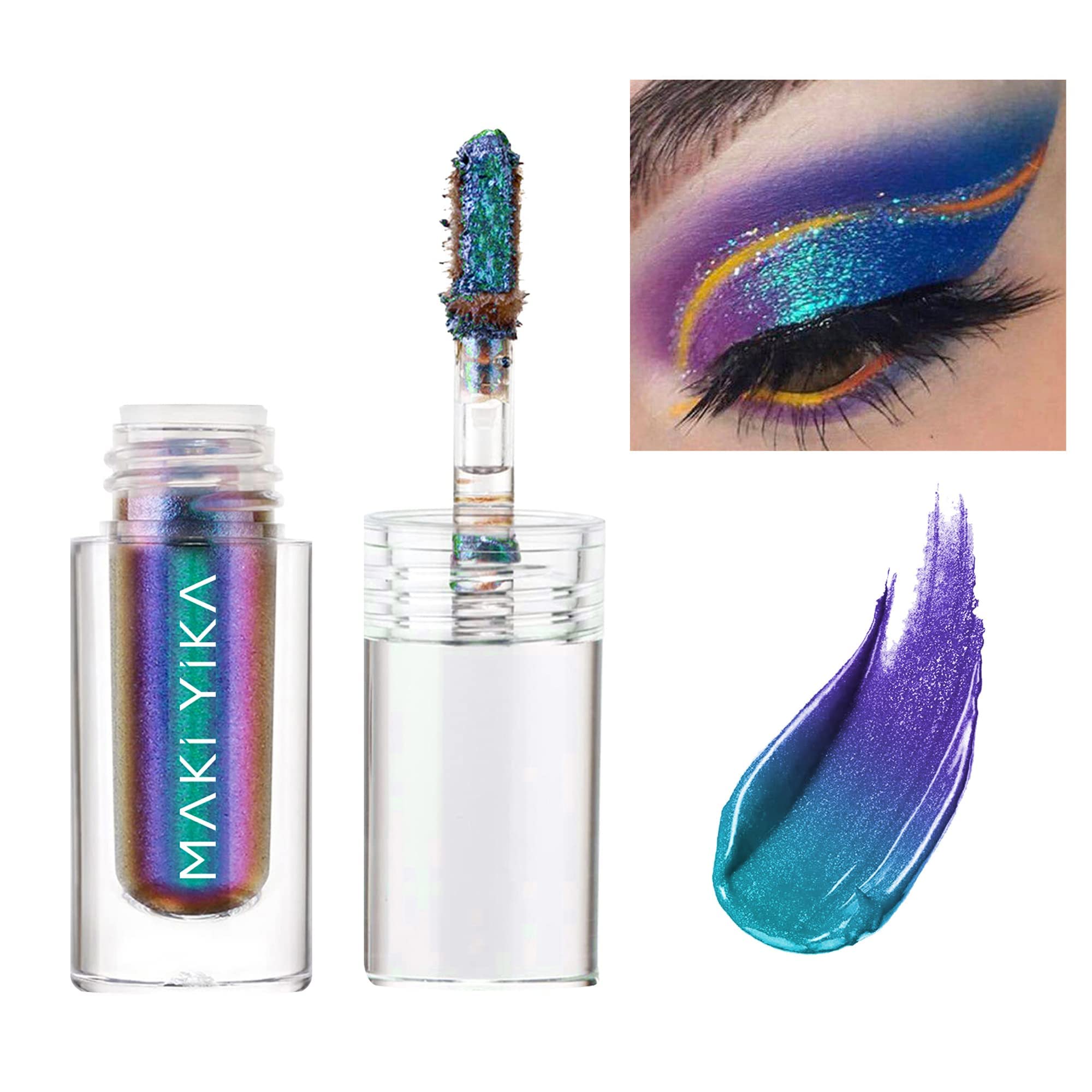 MAKI YIKA teal liquid eyeshadow bottle shows holographic shimmer for bold looks.