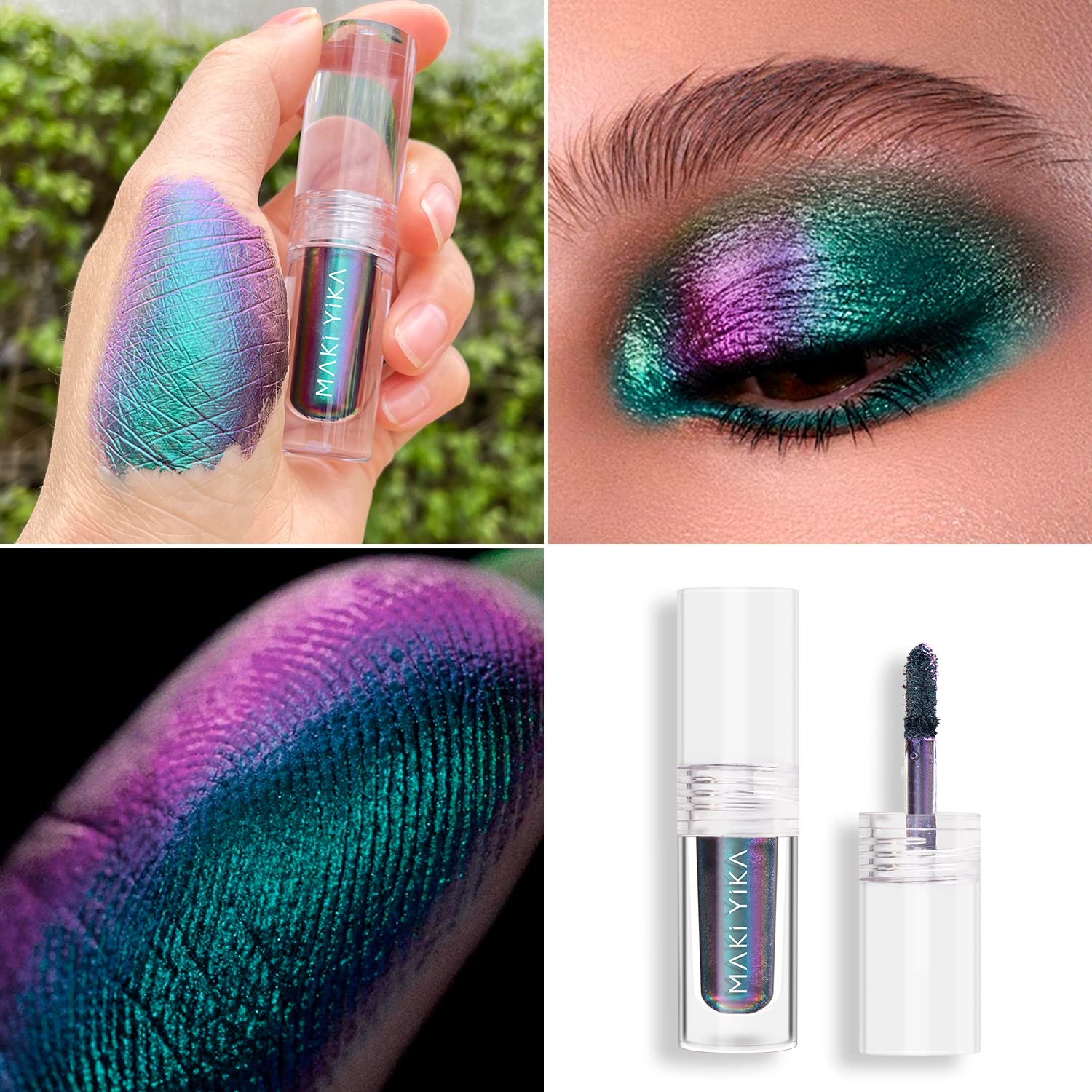 MAKI YIKA teal liquid eyeshadow swatch reveals color-shifting multidimensional glow.