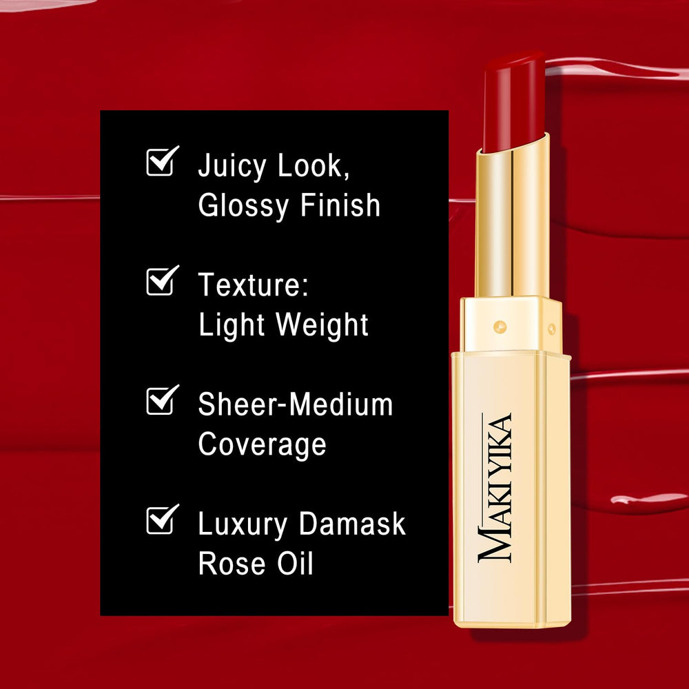 MAKI YIKA close-up of glossy burgundy finish on lips