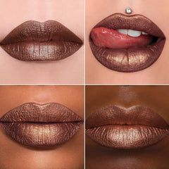Pink swatch from Maki Yika metallic lipstick with vibrant shine.