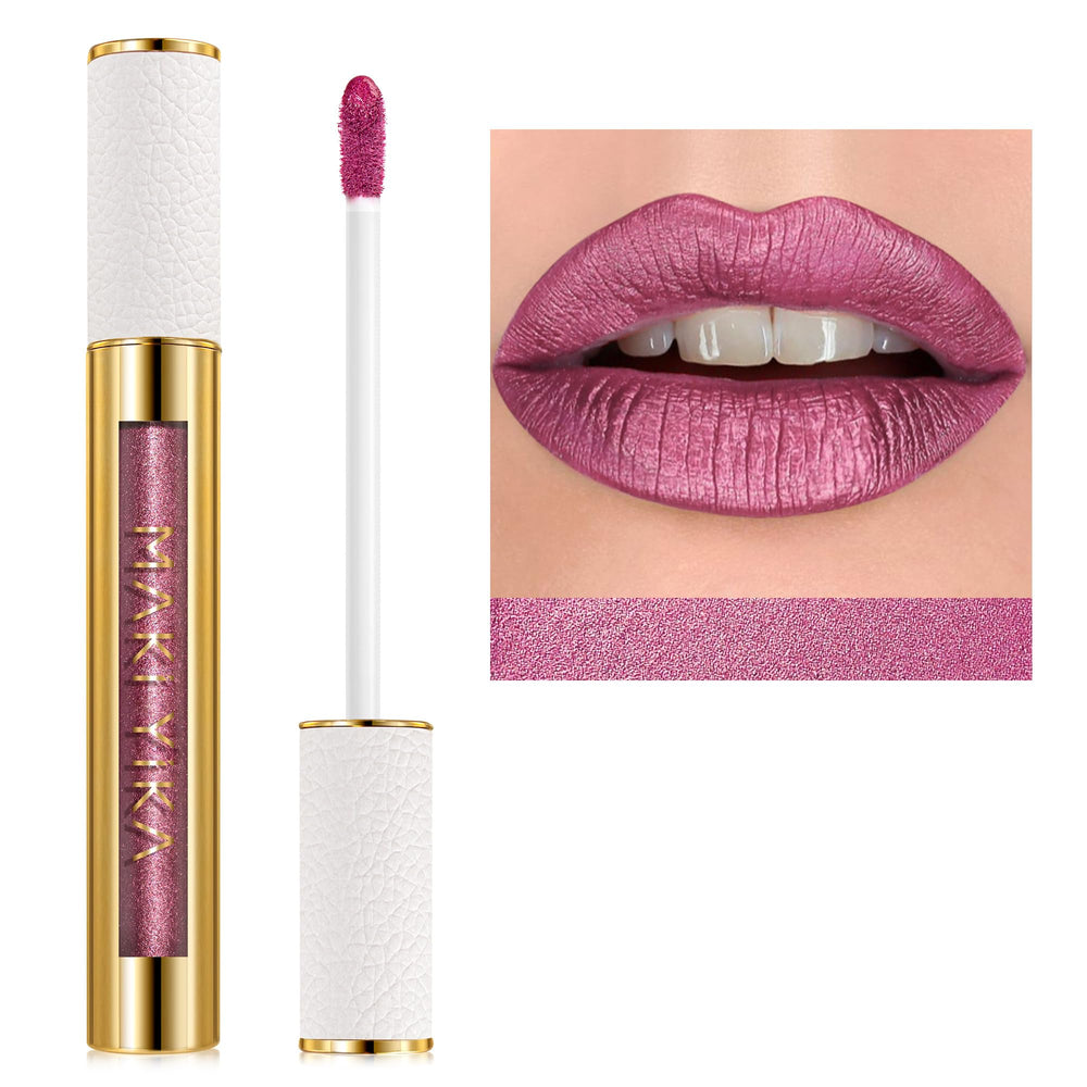 MAKI YIKA metallic pink lipstick cap close-up showing glossy finish