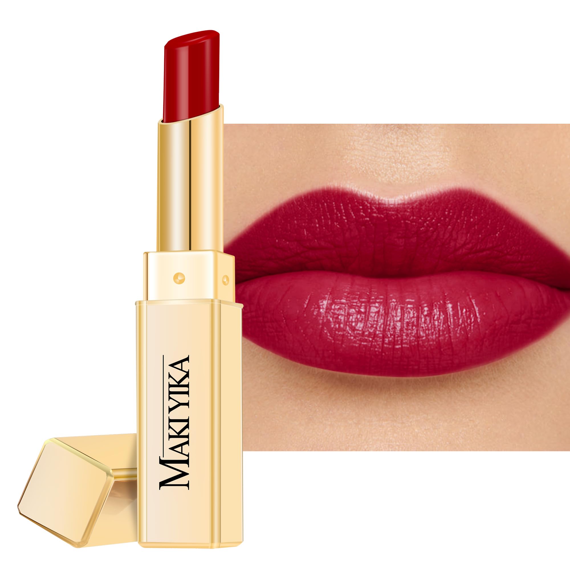 MAKI YIKA lipstick tube showing a rich burgundy shade for hydrated lips