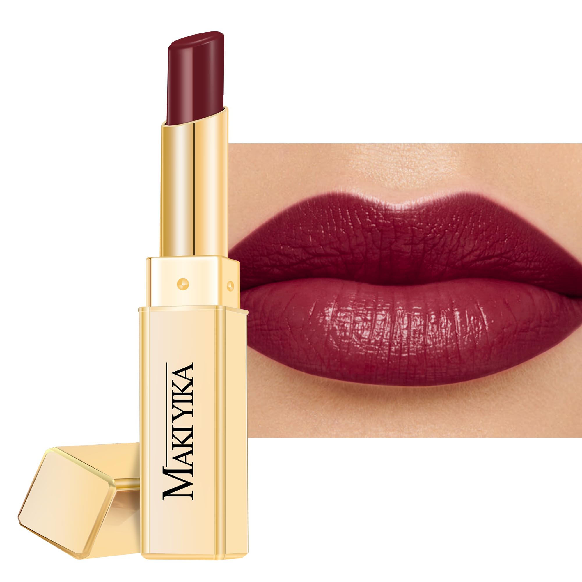 MAKI YIKA Maduro Brown lipstick with glossy finish for hydrated lips.