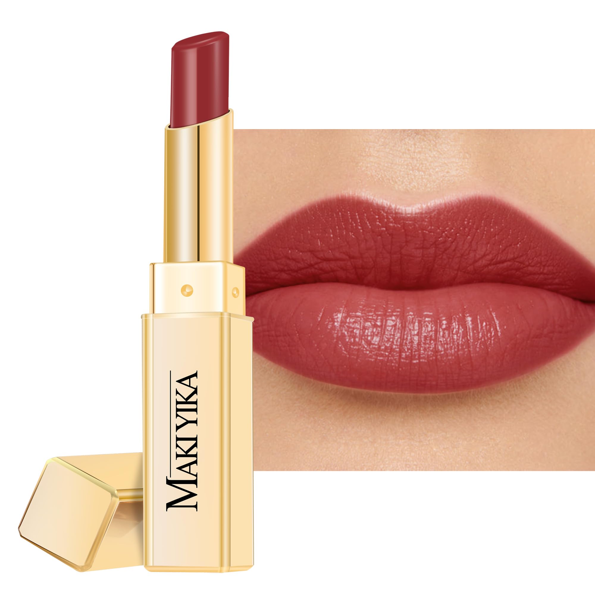 MAKI YIKA Moisture Mauve Red Lipstick applies smoothly with lasting hydration and rich color.