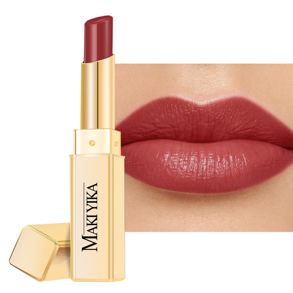 MAKI YIKA Moisture Mauve Red Lipstick applies smoothly with lasting hydration and rich color.