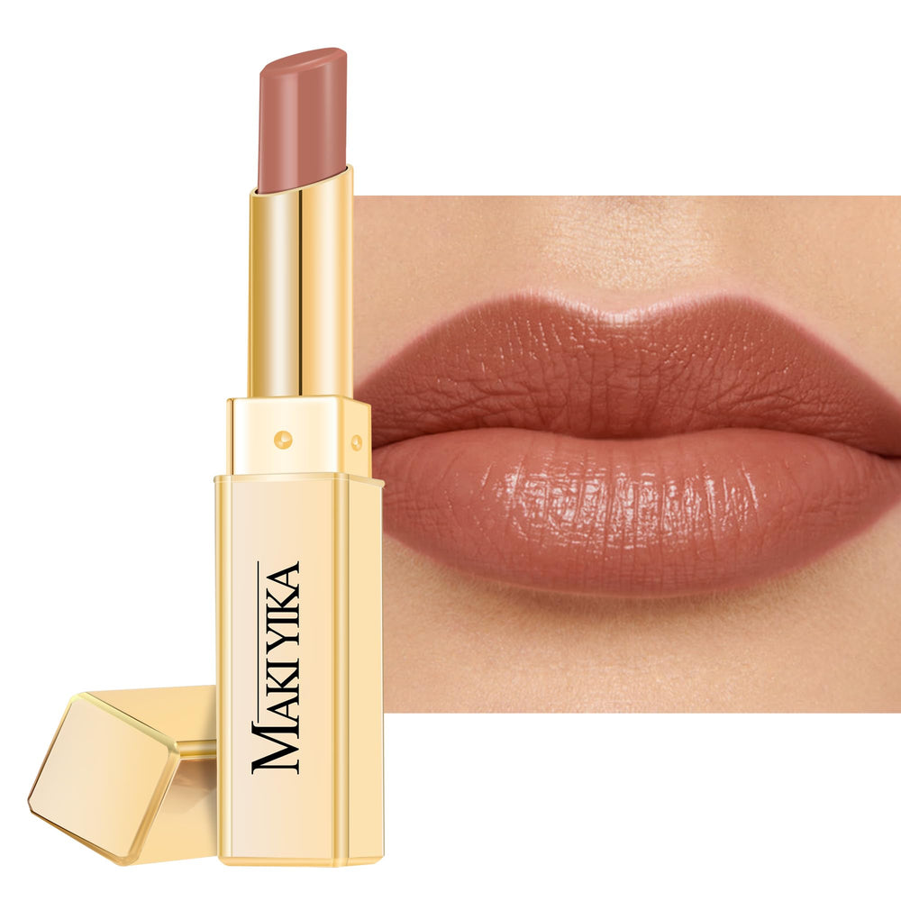 Maki Yika Moisture Nude Lipstick close-up showing glossy hydration and rich color
