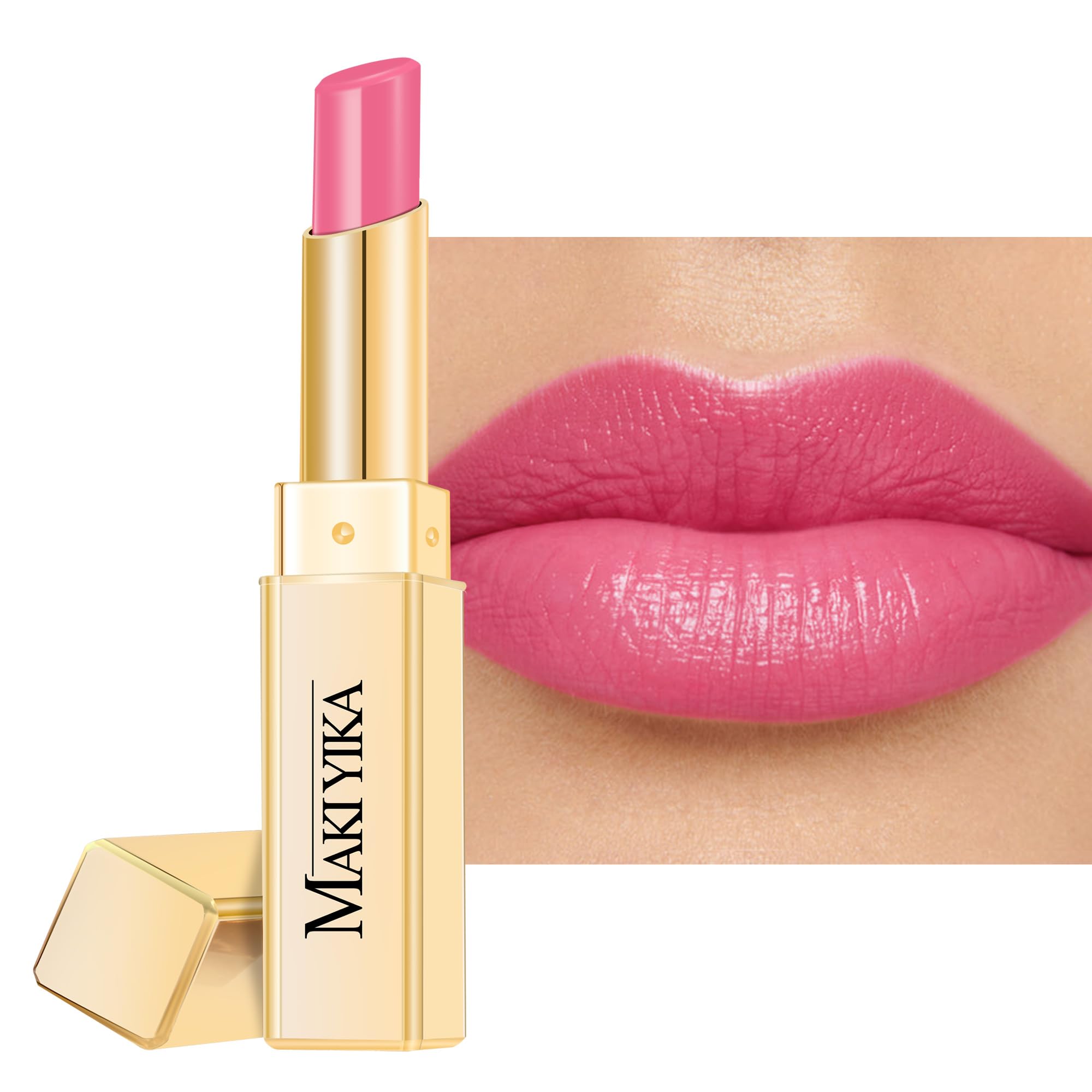 MAKI YIKA Moisture Pink Lipstick packaging highlights travel-friendly tube for on-the-go hydration.