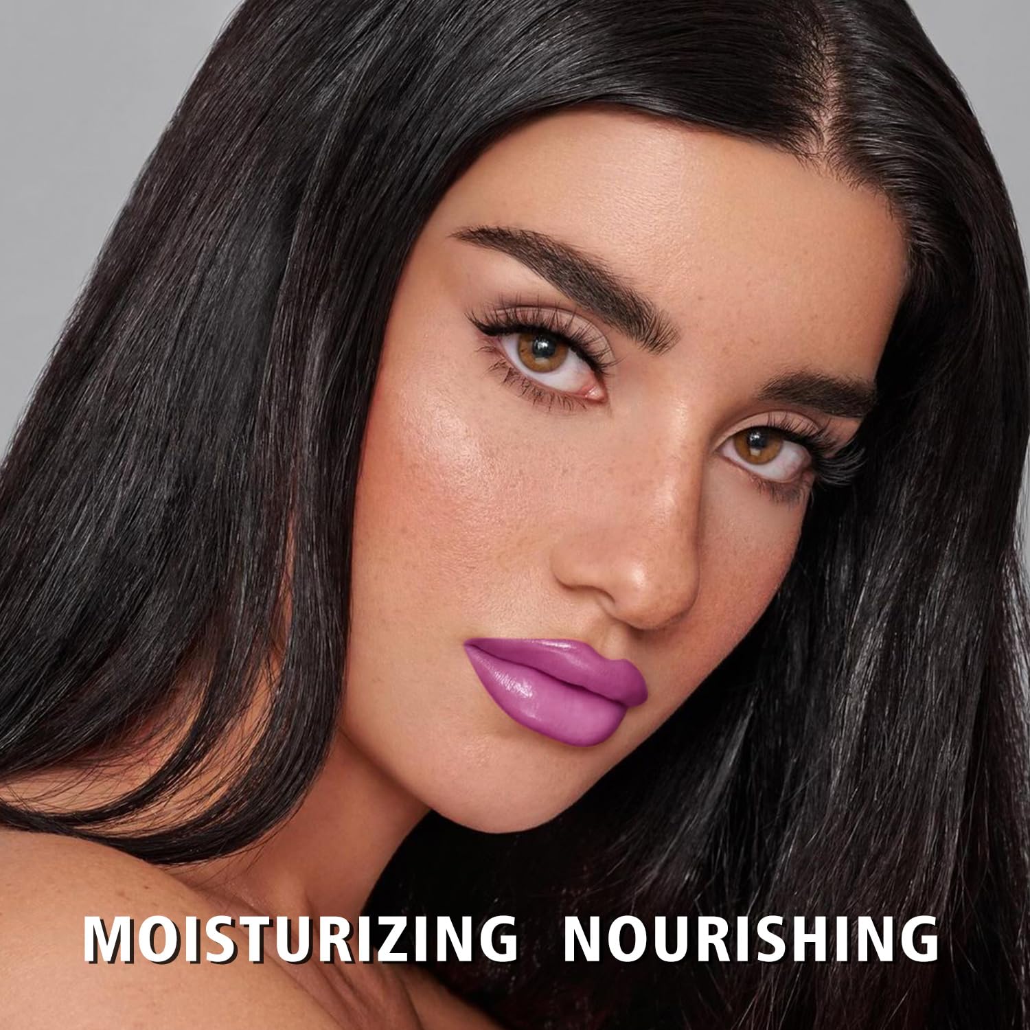 Maki Yika Lavender MA065 on lips delivers a glossy hydrated finish.