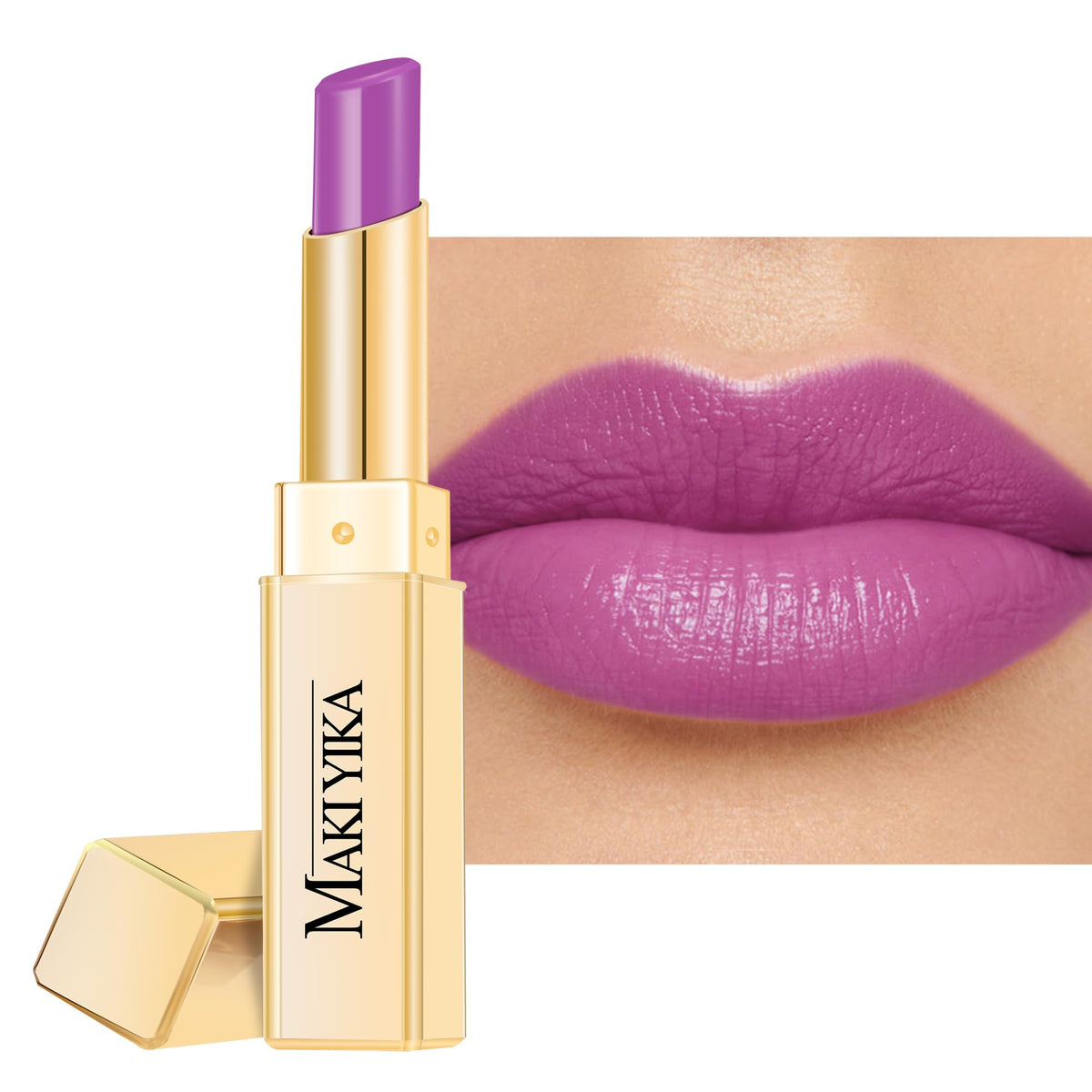Maki Yika Lavender MA065 lipstick packaging highlights vegan, hydrating formula.