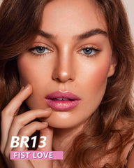 MAKI YIKA pearlescent pink lipstick delivering full coverage in one swipe
