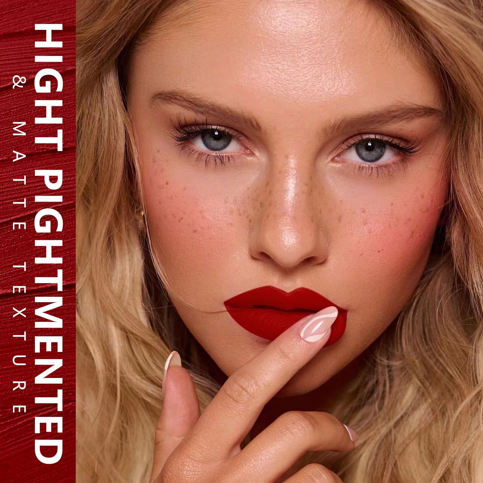 MAKI YIKA red lipstick matte finish after drying looks sophisticated.