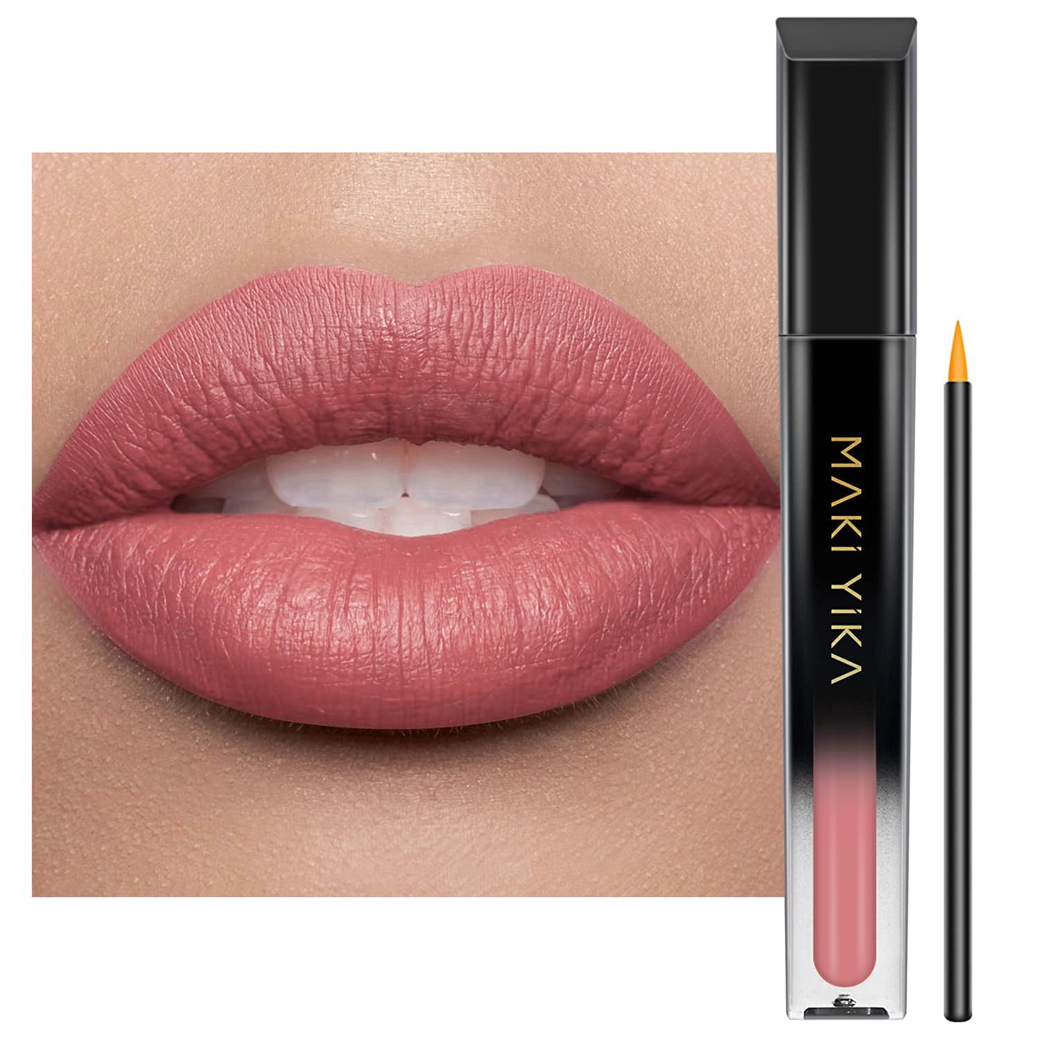 MAKI YIKA red lipstick swatch shows bold, long-lasting color.