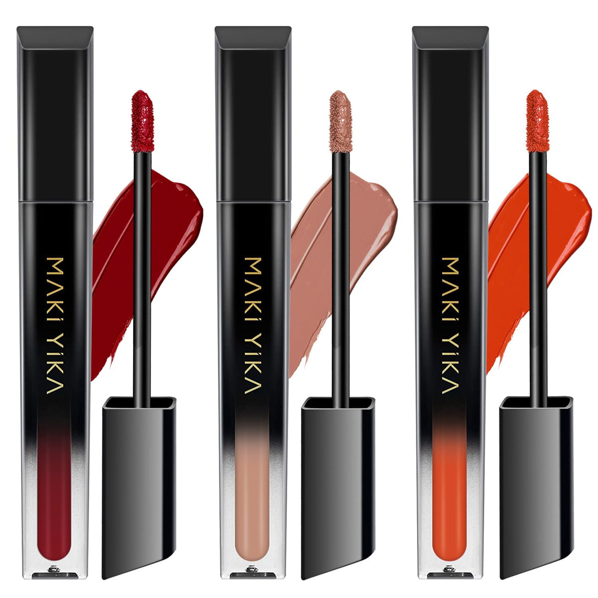 MAKI YIKA red lipstick swatch shows bold pigment and long-lasting matte finish.