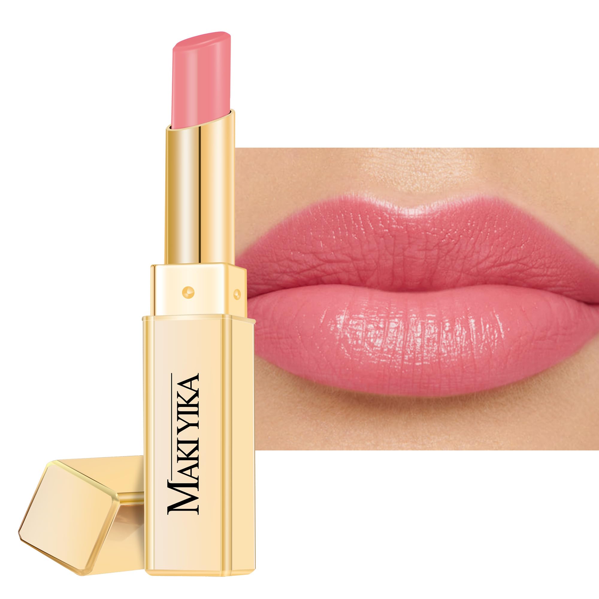 MAKI YIKA Moisture Nude Pink Lipstick packaging highlights premium hydration and glossy color.