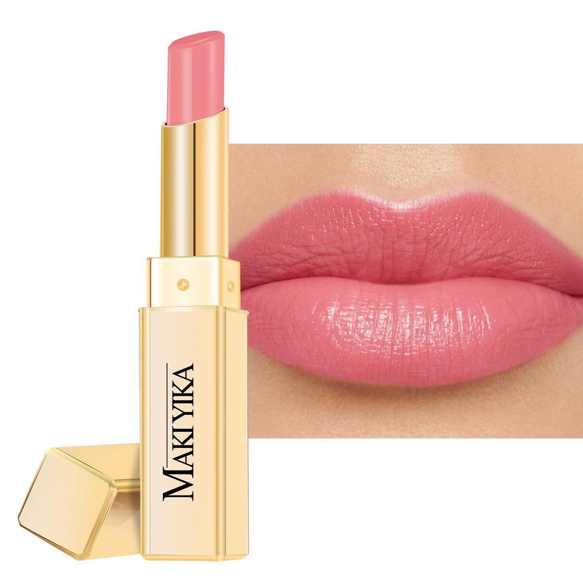 MAKI YIKA Moisture Nude Pink Lipstick packaging highlights premium hydration and glossy color.
