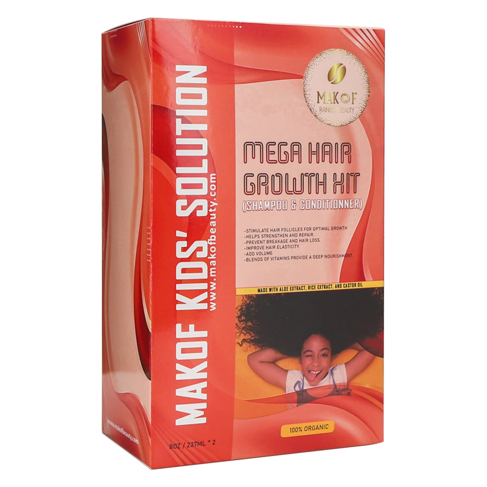 MAKOF ingredients illustration with aloe, rice, and castor oil for healthy-looking hair.