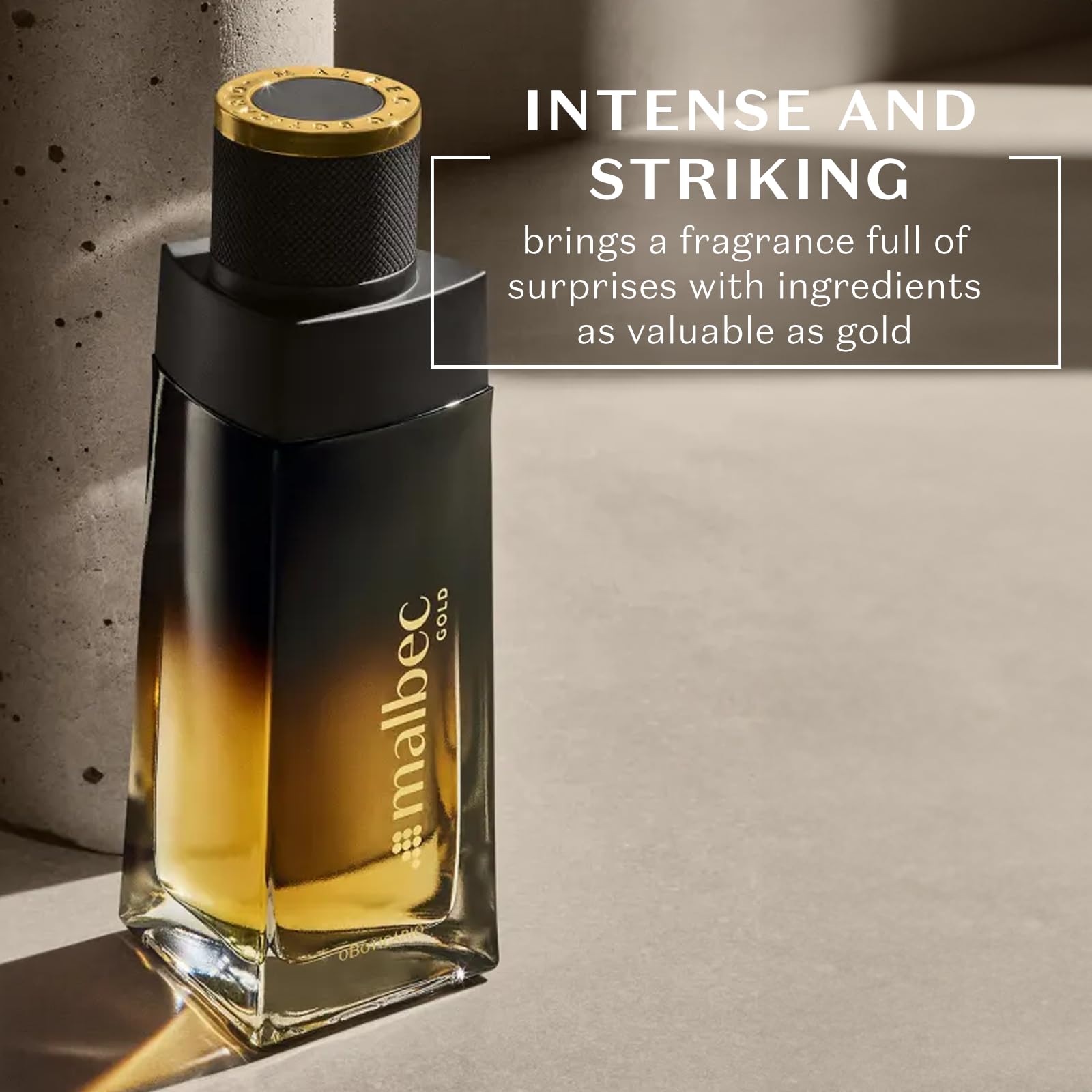 Malbec Exquisite Gold bottle cap view emphasizes premium craftsmanship and scent longevity