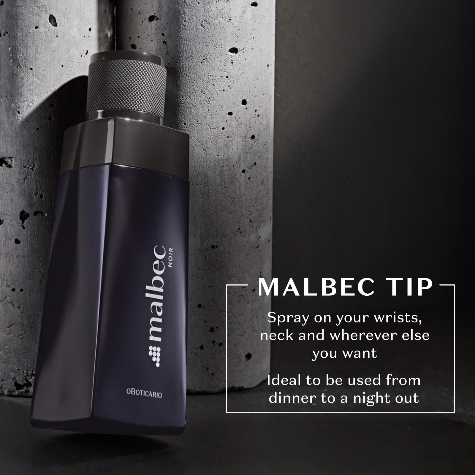 Malbec Noir lifestyle shot of man applying fragrance for evening occasions.