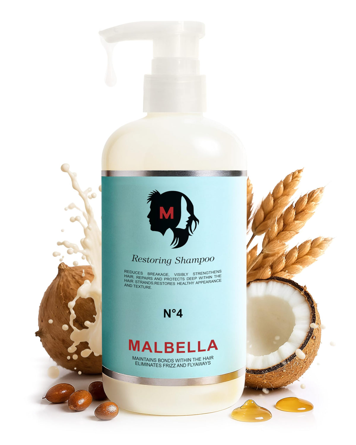 MALBELLA bottle and label highlighting sulfate-free formula for gentle cleansing and shine.