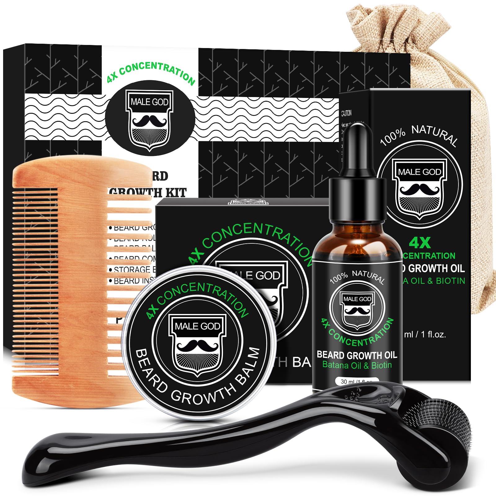 MALE GOD beard growth oil bottle promotes fuller, healthier beard.
