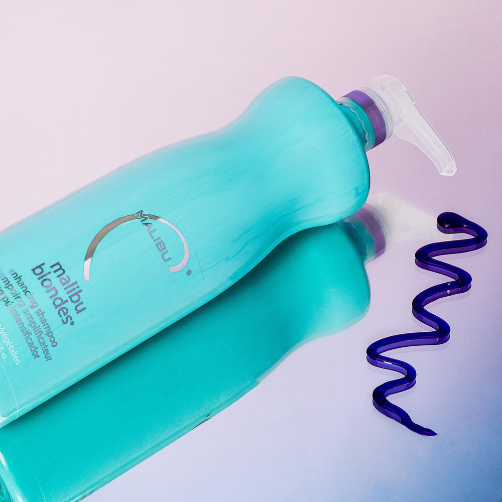 Malibu C Blondes Enhancing Shampoo label closeup with violet toning benefits