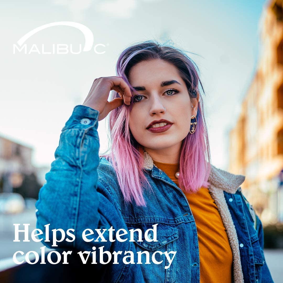 Malibu C Hydrate bathroom shelf suggests a daily color care routine.