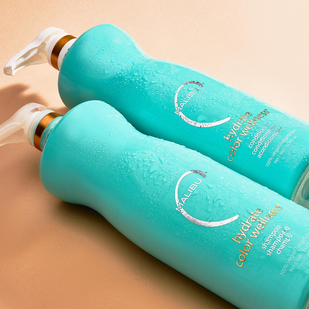 Malibu C Hydrate Color Wash display emphasizes color protection and vibrancy.