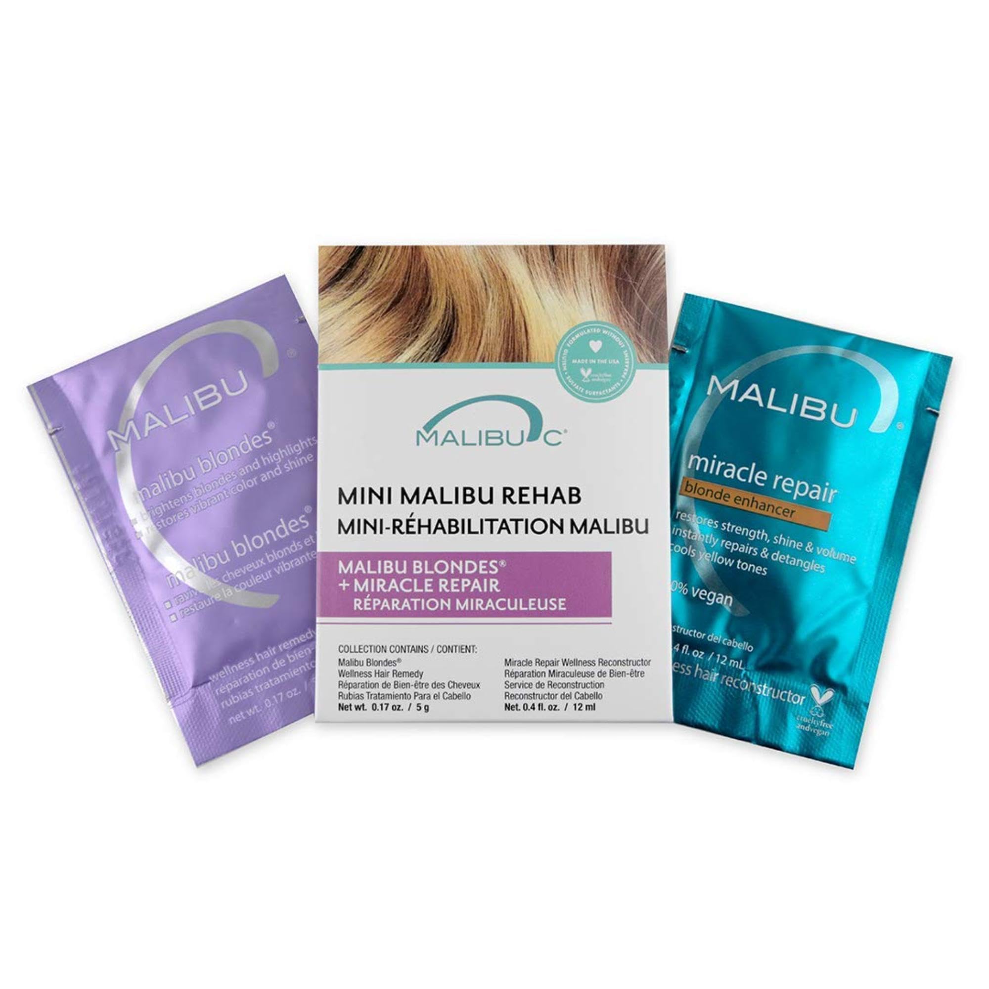 Malibu C packaging box for Mini Rehab Blondes shows vegan sulfate-free care.