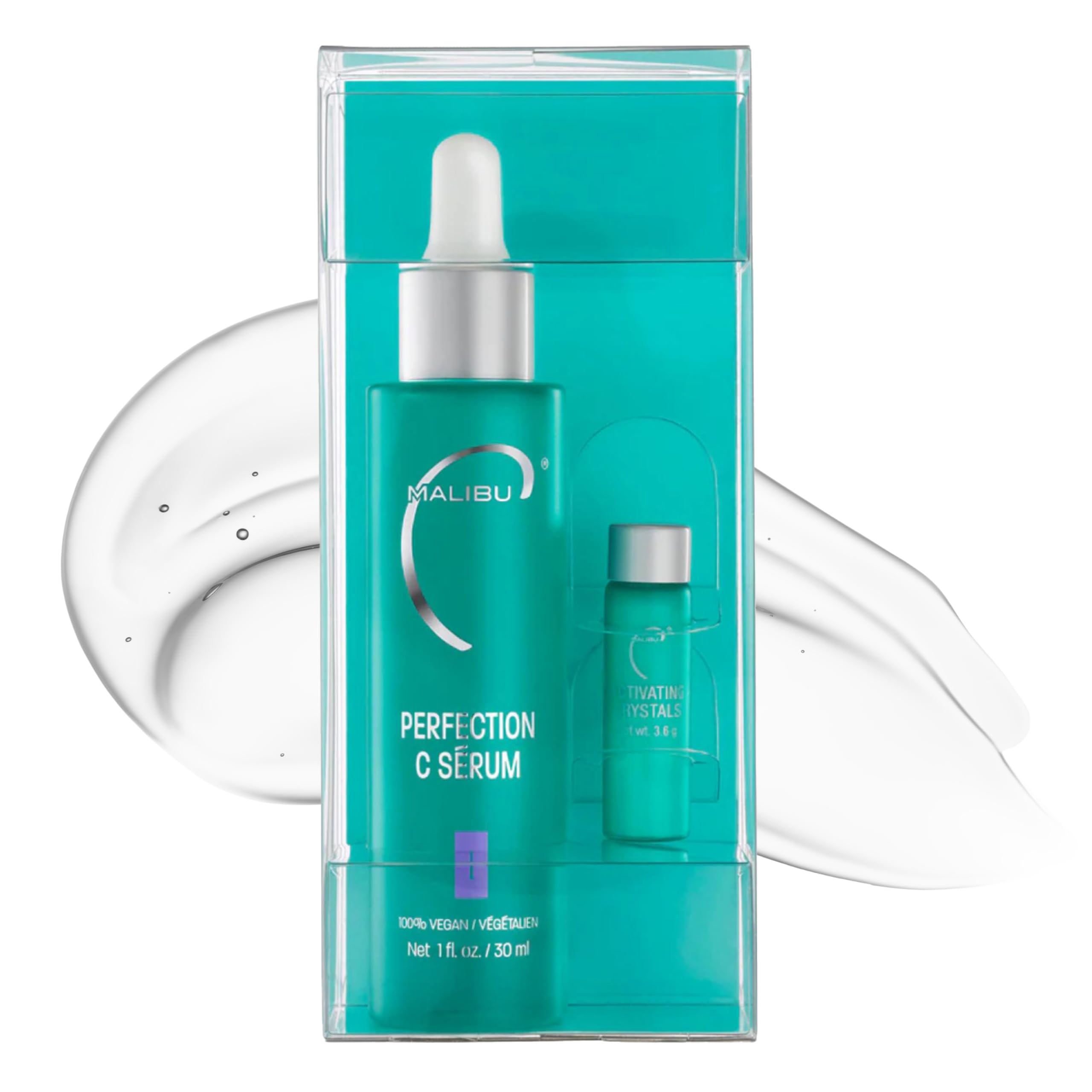 Malibu C Perfection C Face Serum bottle closeup showing premium packaging for fragrance-free daily use.