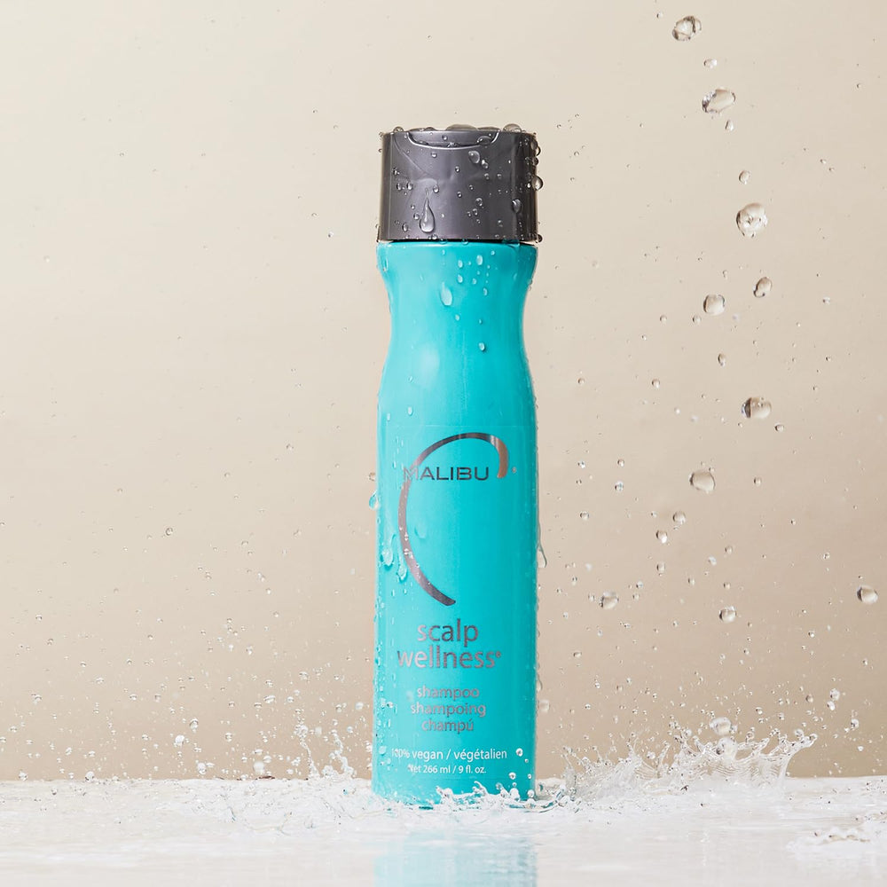 Malibu C Scalp Wellness Shampoo menthol drops close-up; revitalizes itchy scalp.