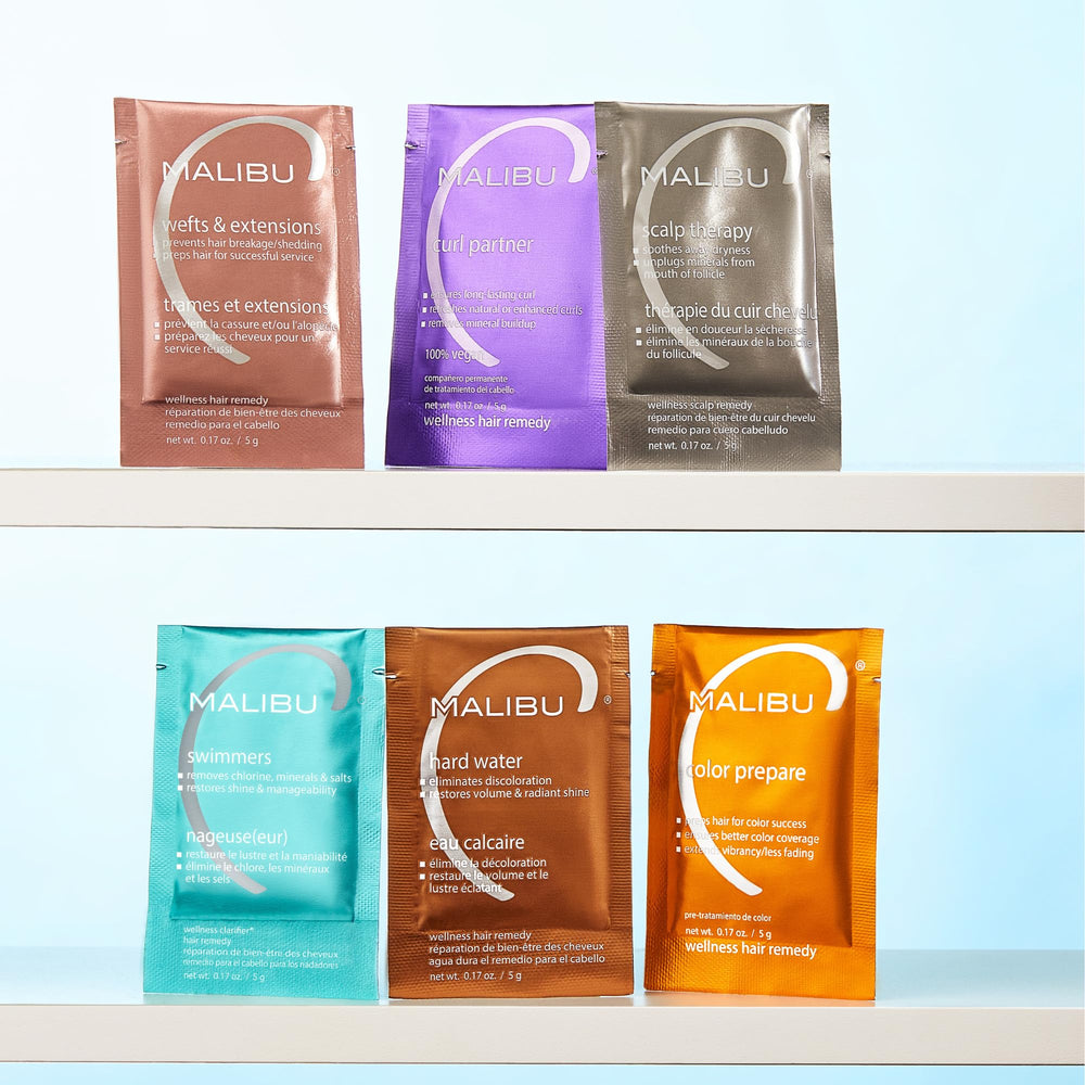 Malibu C Swimmers Wellness Remedy packaging emphasizes convenient, travel-ready 12-pack kit