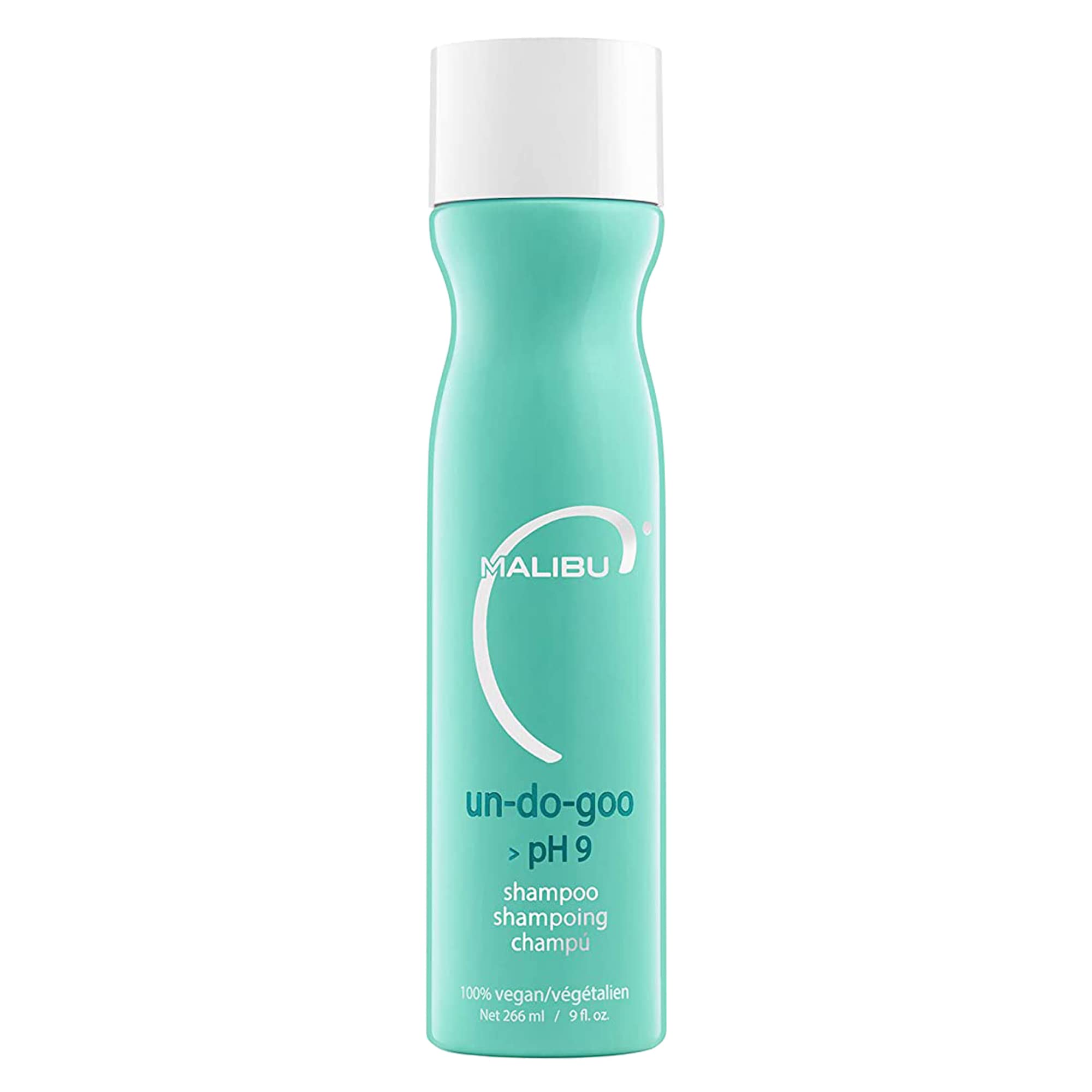 Malibu C Un-Do-Goo bottle pour demonstrates easy resin removal for refreshed hair.