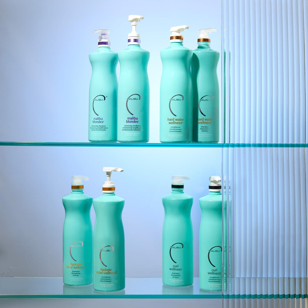 Vegan, sulfate-free Malibu C hard water care packaging highlights eco-friendly formula.