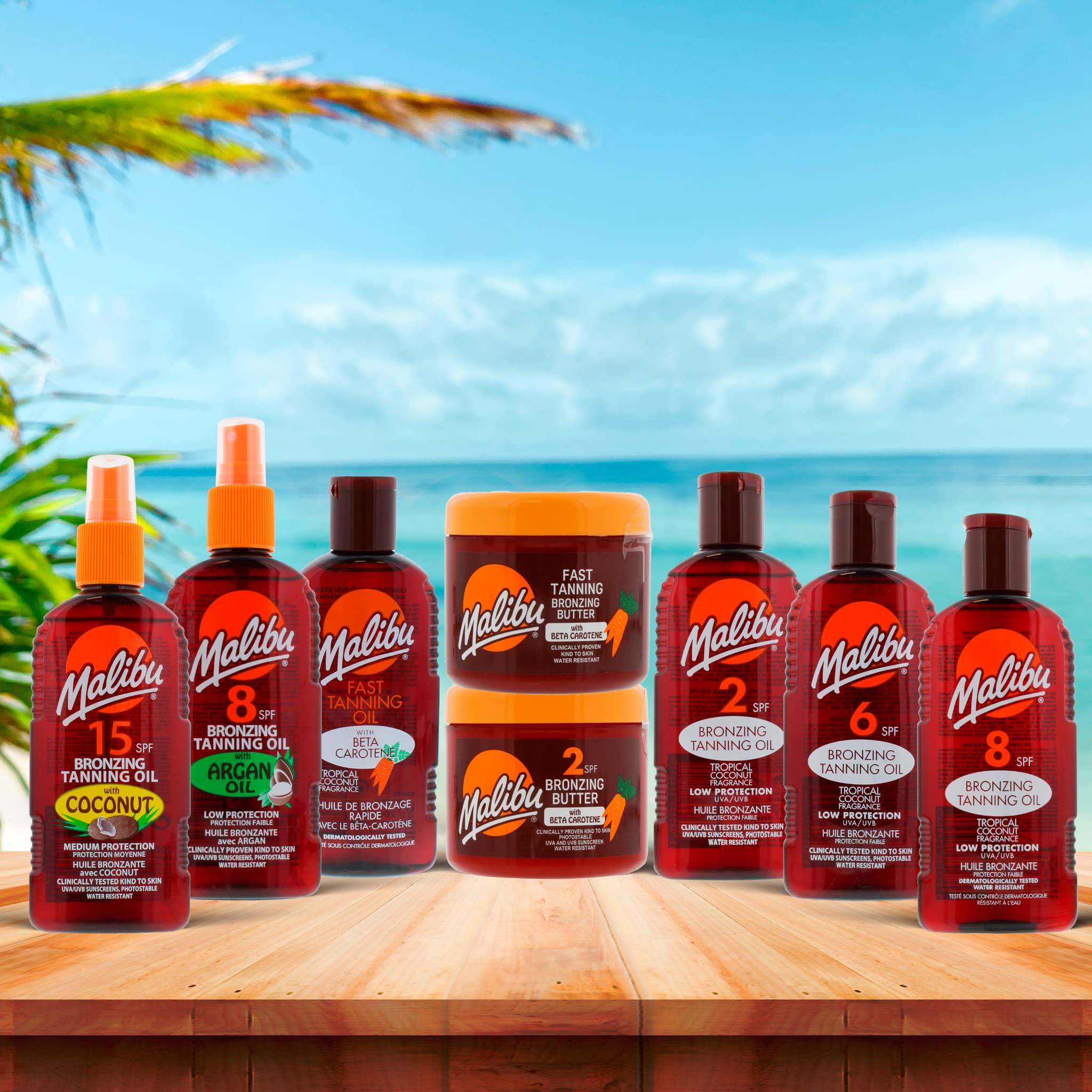 Malibu Sun Fast Tanning Gel demonstrates water-resistant formula for beach or pool days.