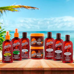 Malibu Sun Fast Tanning Gel demonstrates water-resistant formula for beach or pool days.