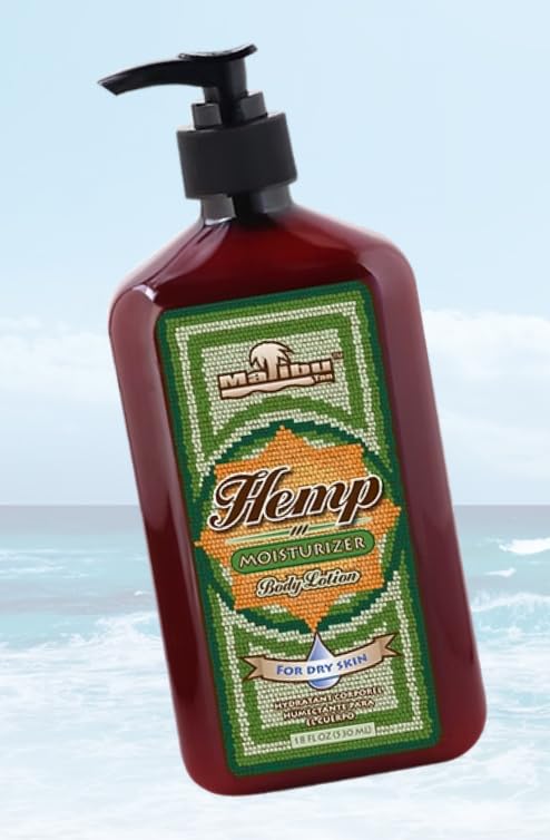 18 oz Malibu Tan label emphasizes long-lasting moisture for body care.
