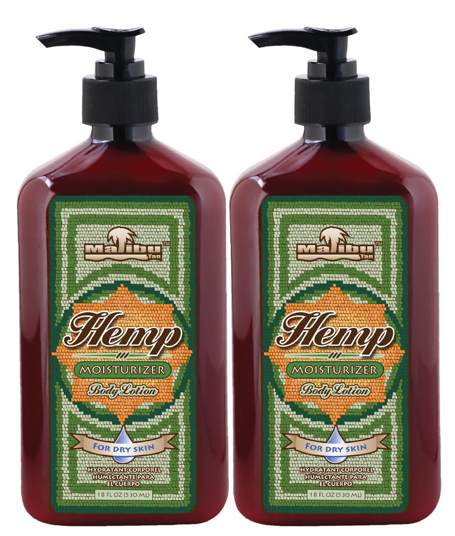 Malibu Tan Body Lotion bottle highlighting hemp-based hydration for dry skin.